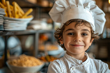 Sticker - AI generated photo of cute nice child wear adult costume chef culinary concept