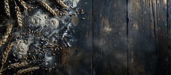 Aufkleber - Dark black wooden background with wheat flour scattered providing copy space image from a top view ideal for cooking or baking themes