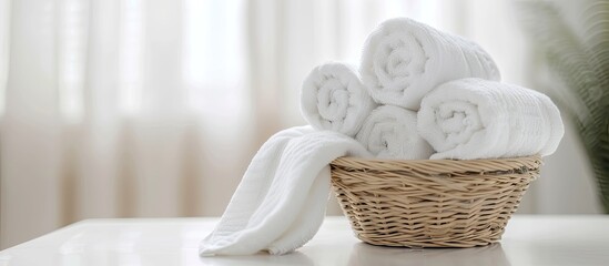Aufkleber - White towels neatly rolled in a basket on a white table with a copy space image