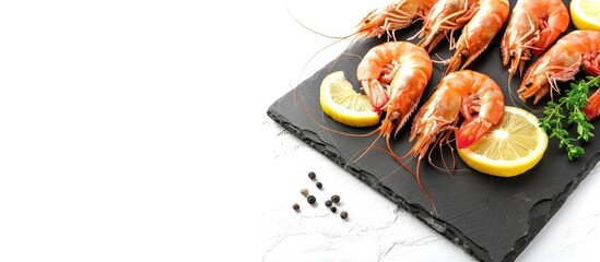 Wall Mural - Prawns with lemon and thyme on a black stone board isolated on a white background with copy space image