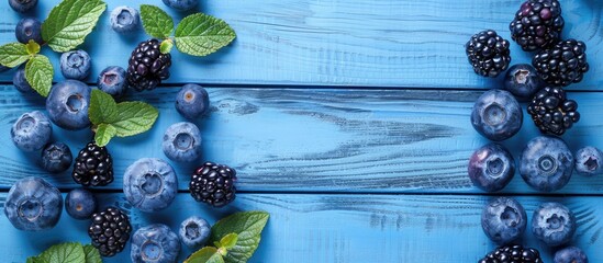 Poster - Blueberries and blackberries arranged on a blue wooden surface for a flat lay composition with copy space image