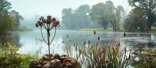 Leinwandbilder - Garden art featuring a weathered metal plant in a scenic setting with a serene lake in the background creating a tranquil copy space image