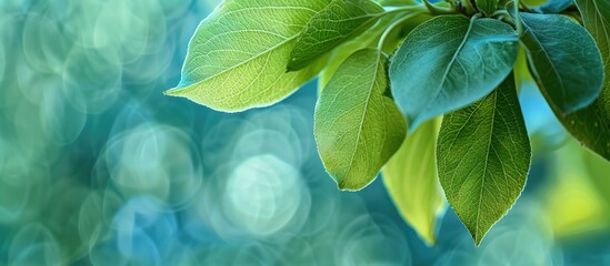 Aufkleber - Macro view of fresh green pear tree leaves in a spring or summer nature background with shallow depth of field for a copy space image