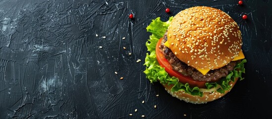 Aufkleber - Gourmet hamburger displayed on a black background with available copy space image