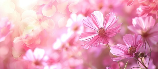 Fototapete - Romantic pink flowers background with color filters creating a beautiful copy space image