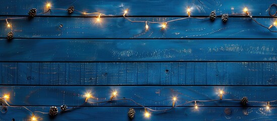 Poster - Top view of Christmas garland lights on a blue wooden background with a designated area for adding text creating a copy space image