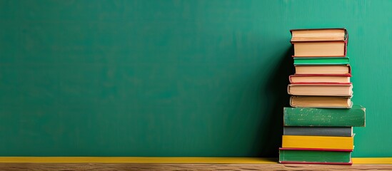 Aufkleber - Vibrant books on a table with a green wall backdrop providing copy space for text Reflects an education theme ideal for back to school content