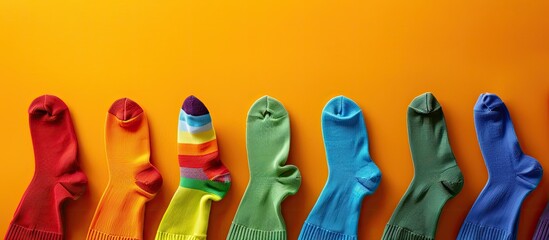 Poster - Variety of cotton socks on colorful background with copy space image