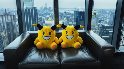 Two yellow emoji plush toys with devil horns sitting on a sleek, black leather couch in a high-rise apartment with a panoramic city view