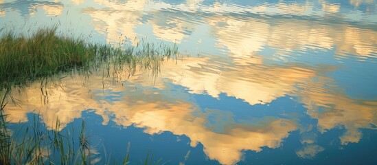 Aufkleber - Scenic view of yellow clouds reflected on a lake with a blue sky backdrop and tall reeds ideal for copy space image