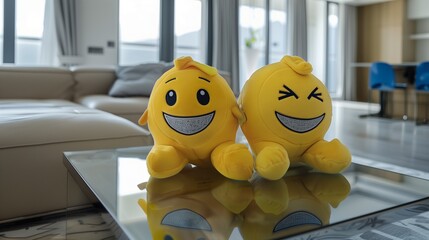 Two yellow emoji plush toys with winking expressions sitting on a sleek, modern glass coffee table in a minimalist living room