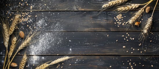 Aufkleber - Dark black wooden background with wheat flour scattered providing copy space image from a top view ideal for cooking or baking themes