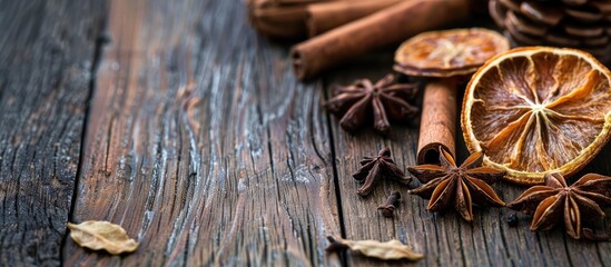 Aufkleber - Wooden background with dry fruits and anise creating a rustic setting for a copy space image