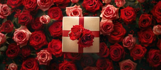 Poster - A Valentine s Day gift box placed against a backdrop of vivid red roses creating a beautiful photo with ample copy space image