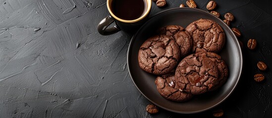 Poster - Chocolate cookies made at home displayed on a black backdrop with a cup of coffee in a copy space image