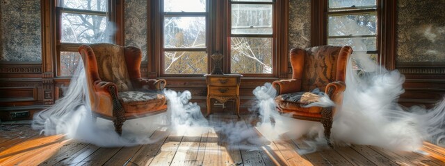 Two chairs are covered in smoke and are floating in the air. The chairs are in a room with a window and a table