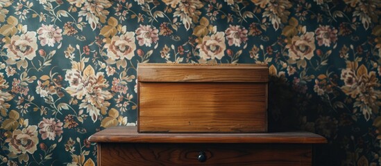 Poster - Wooden board with a box on top against a wallpaper backdrop for educational or business pictures featuring a copy space image for product or package presentations