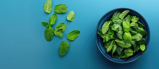 Poster - Blue backdrop hosts a bowl of fresh mint leaves with ample copy space image