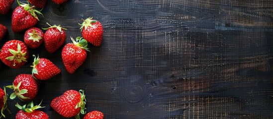 Fototapete - Fresh strawberries on a dark wooden surface creating a summer themed copy space image for promoting healthy vegetarian food