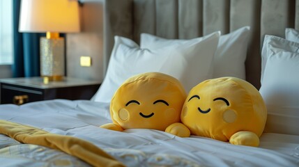 Two yellow emoji plush toys with sleepy faces nestled on a plush, modern bed with crisp, white linens in a luxurious bedroom