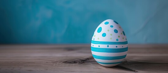Poster - Minimalistic Happy Easter greeting card featuring a white hen s egg adorned with blue stripes polka dots and lines providing a copy space image ideal for children as a thoughtful gift on a table
