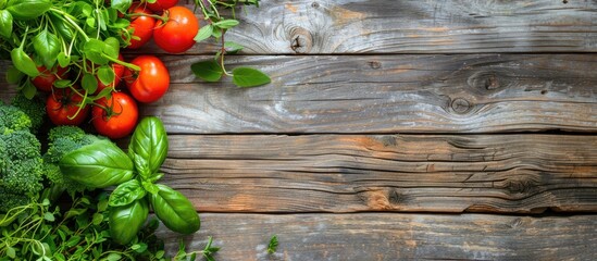 Aufkleber - Freshly harvested vegetables and herbs from farm on wooden table with copy space image
