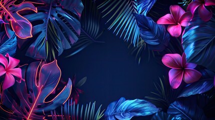 Wall Mural - Tropical palm leaves and large flowers in neon light. Exotic fashionable background. A place for the text.