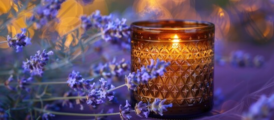 Poster - A scented candle in a brown glass jar with a golden flower of life pattern surrounded by lavender blossoms on a purple backdrop offering copy space image