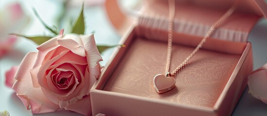 Leinwandbilder - A heart necklace and a rose displayed in a gift box with a copy space image