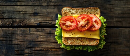 Poster - A sandwich with tomato lettuce and yellow cheese arranged on a wooden surface for a rustic look with copy space image