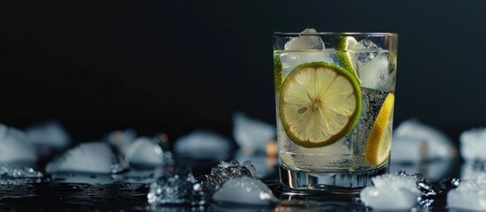 Poster - Chilled cocktail with lime lemon tonic vodka and ice on a black backdrop with copy space image