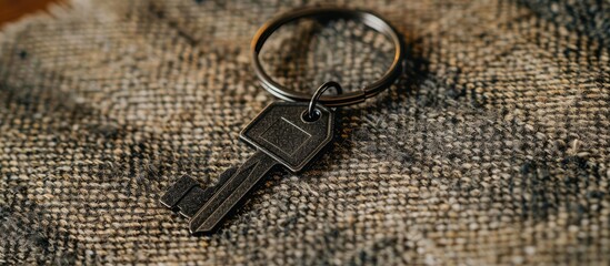 Poster - A keychain shaped like a house key rests on fabric creating a fitting copy space image for real estate themes like mortgage moving or renting