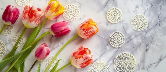 Wall Mural - Top view photo featuring vibrant retro tulips and lace circles on a clean backdrop with ample copy space image