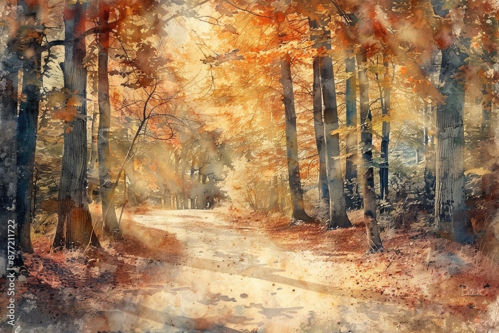 Watercolor painting of an autumn forest path with golden leaves and ...