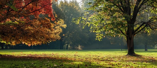 Leinwandbilder - Autumn landscape photography showcasing vibrant foliage in a park and a tree with striking autumn leaves in the forest against a background for copy space image
