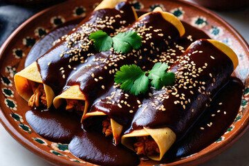 Wall Mural - mole enchiladas featuring tender corn tortillas filled with chicken or beef, smothered in a rich dark chocolate mole sauce, topped with sesame seeds and fresh cilantro, served on a traditional Mexican