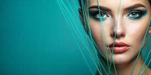 on a turquoise background, place a beautiful girl's face with stretched threads across her face. so that her face is on the right side of the screen