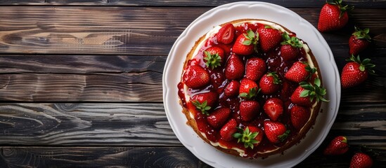 Wall Mural - Home baked cake with strawberry jam on white dish Aerial view on dark wood backdrop Ideal for food content room for copy space image