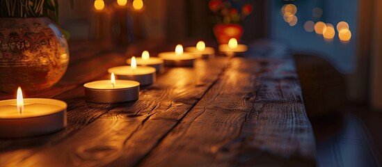 Poster - Illuminate a wooden table with multiple lit candles for a cozy ambiance and a beautiful copy space image