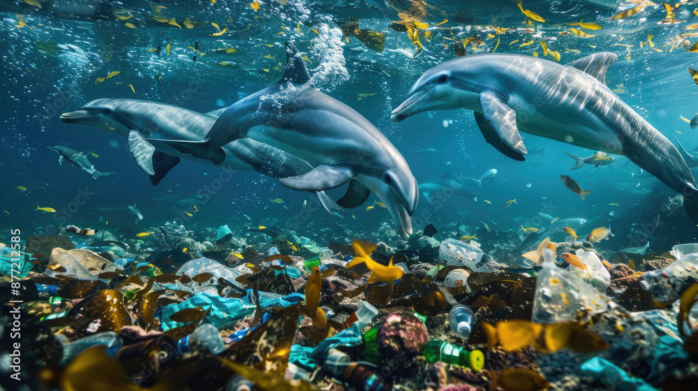 Dolphins gracefully swim amongst plastic pollution in the ocean ...