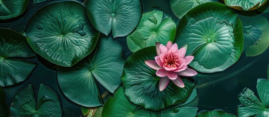 Poster - Pink water lily flower bud in a pond with vibrant green leaves around Symbolic in spa and Asian culture viewed from the top with space for text or images. with copy space image
