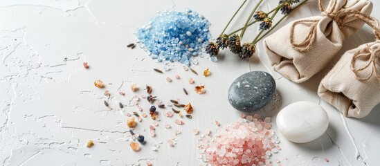Poster - Spa items like blue and pink sea salt sea stones and herbal pouches for massage set against a clean white backdrop perfect for a copy space image