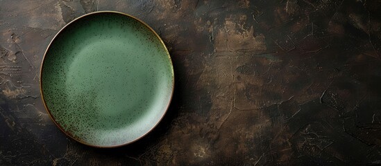 Fototapete - Top view of an empty classic green plate on a dark rough table surface with ample copy space for menu text or recipe suitable for food photography
