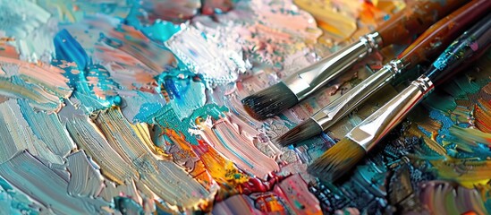 Poster - Close up view of various paint brushes on canvas with copy space image available