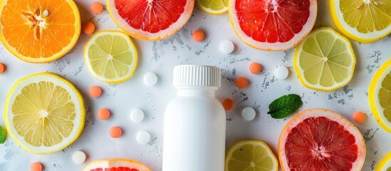 Poster - Vitamins concept in a pharmacy setting or natural environment depicted in a white bottle with scattered pills alongside vibrant citrus fruit slices like lemon orange and grapefruit in a copy space im