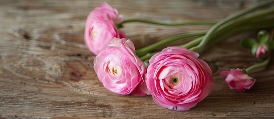 Aufkleber - Curly pink Persian buttercup ranunculus displayed on a wooden table with copy space image available
