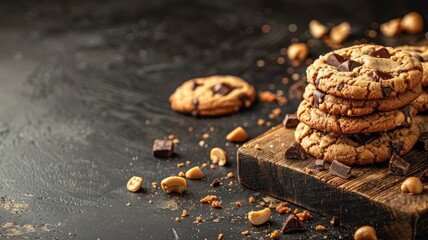 Wall Mural - Chocolate chip cookies stacked on wooden board, scattered nuts and chocolate pieces black surface