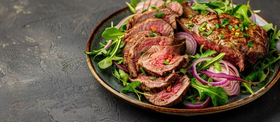 Fototapete - Sliced roast beef rib accompanied by a colorful salad of onions arugula and lettuce on a plate with copy space image