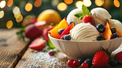 Wall Mural - Bowl of ice cream topped with fresh fruits and garnished mint leaves