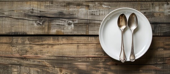Leinwandbilder - Top down view of a white plate with a spoon and fork placed on a wooden table to convey a food concept with a space for additional images